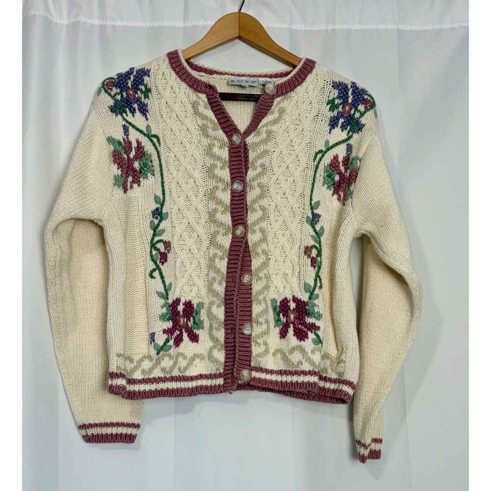 Vintage Floral Cable Knit Cardigan Sweater Grandmacore Cream Mauve Cotton Medium